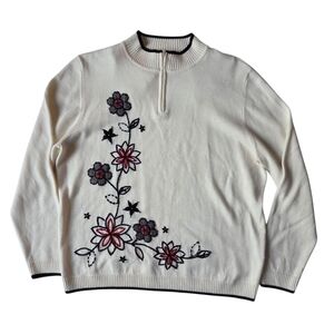 Alfred Dunner Vintage Cream V-Neck Sweater w Embroidered Floral Design 23in P2P